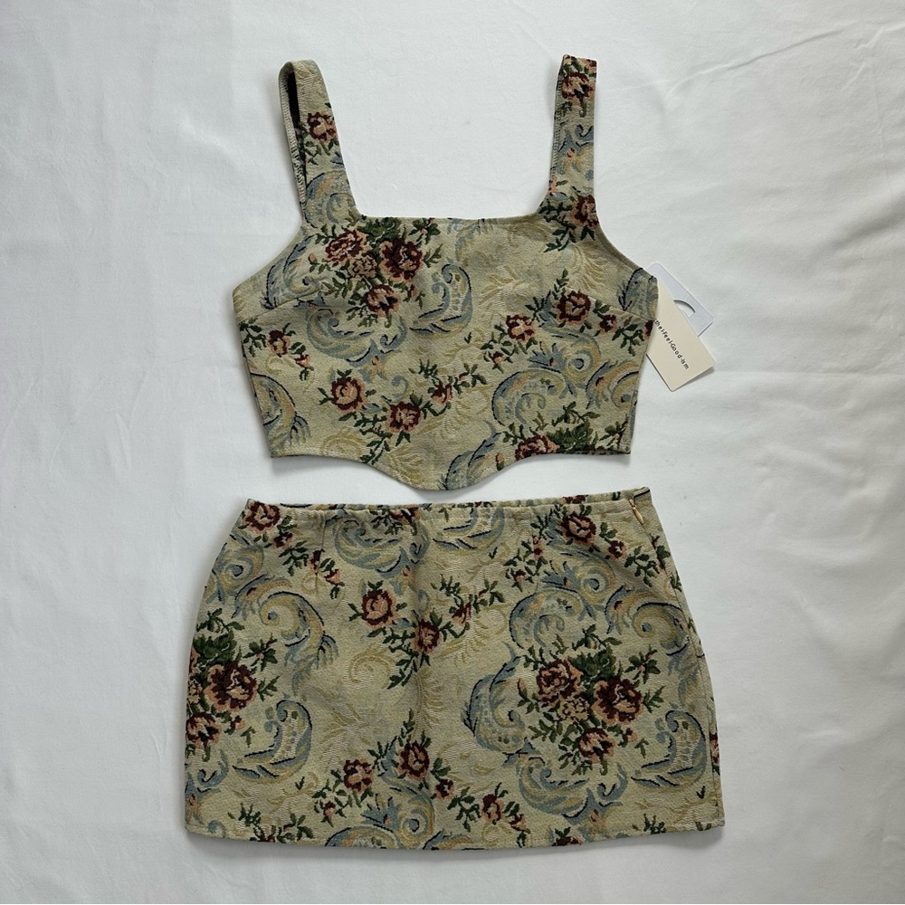 Commense Vintage Floral Skirt Set in Cream and Green